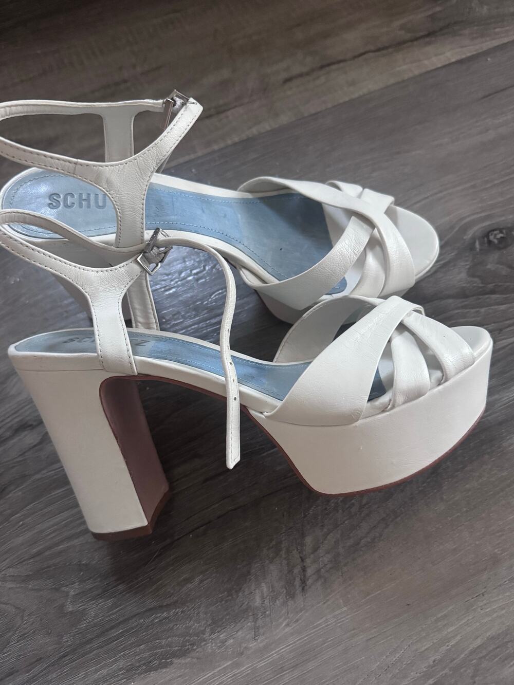 Schutz Keefa White Leather Platform Sandals Block Heel Size 7B